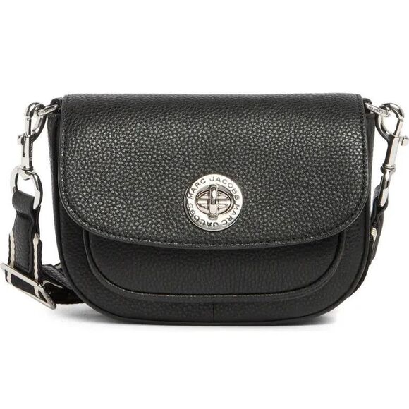 New Marc Jacobs Signet Turn Lock Leather Saddle Bag Crossbody in Black - Picture 1 of 11